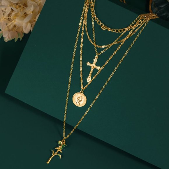 Multi Layer Rose and Cross Charm Necklace - Picture 3 of 3